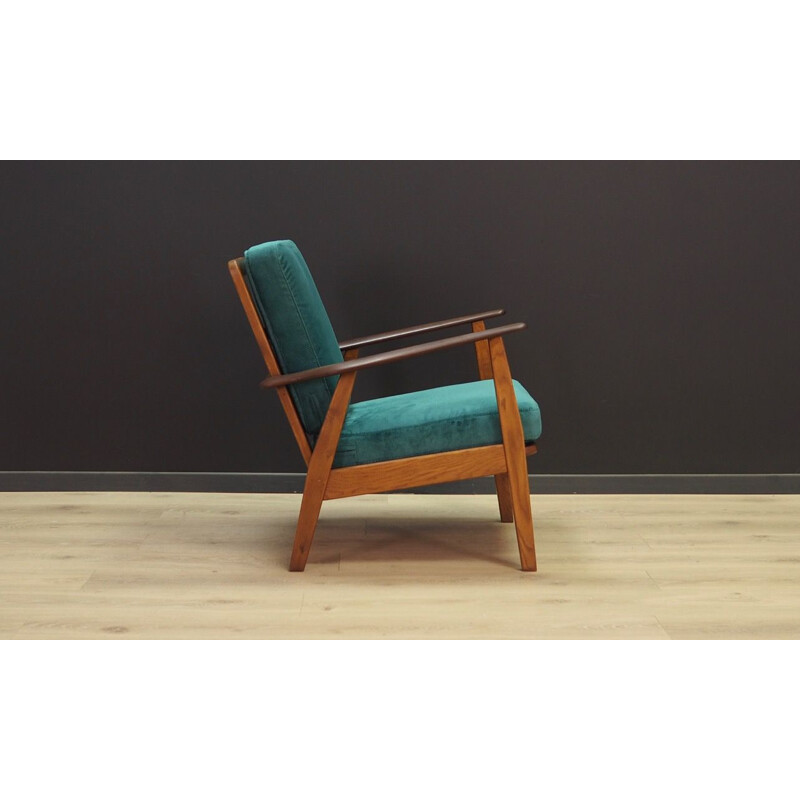 Vintage green armchair in velour oak wood Danish 1970