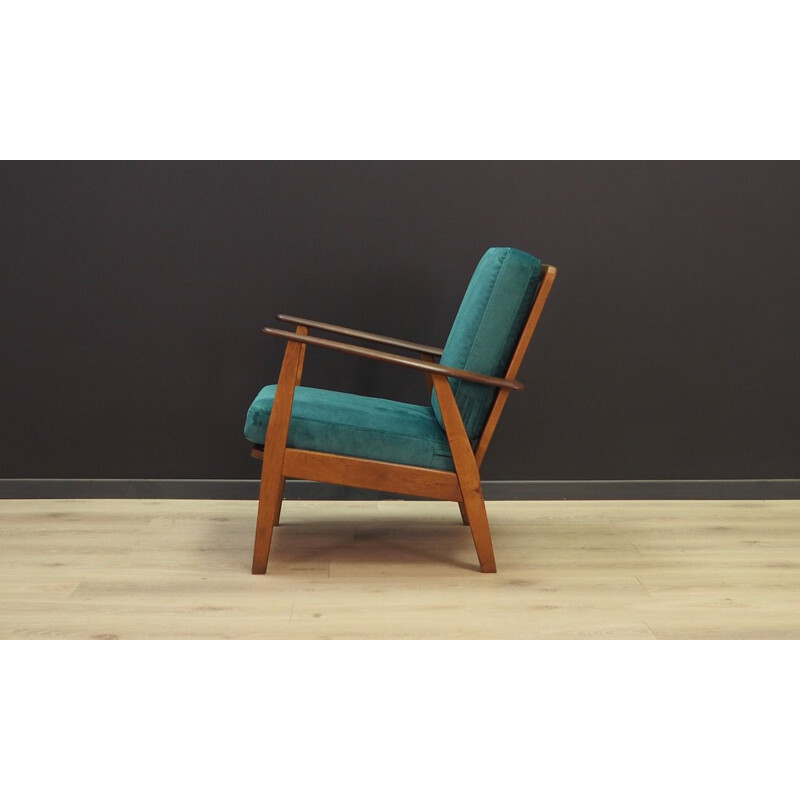 Vintage green armchair in velour oak wood Danish 1970