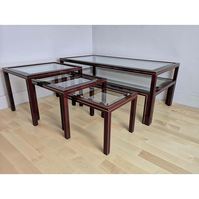 Vintage Nest of 3 Tables Aluminium and Glass by Pierre Vandel, Paris Français 1970s