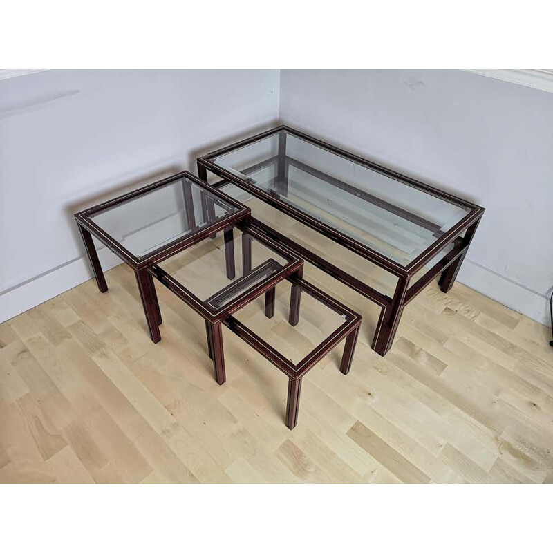 Vintage Nest of 3 Tables Aluminium and Glass by Pierre Vandel, Paris Français 1970s