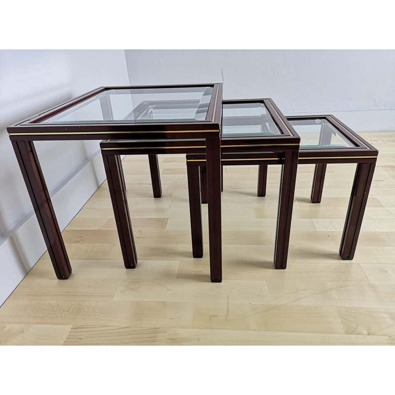 Vintage Nest of 3 Tables Aluminium and Glass by Pierre Vandel, Paris Français 1970s