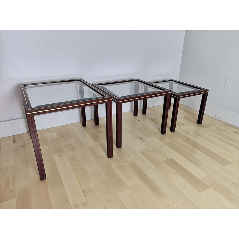 Vintage Nest of 3 Tables Aluminium and Glass by Pierre Vandel, Paris Français 1970s