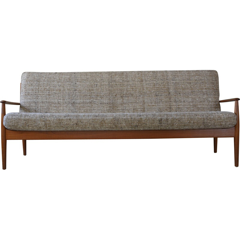 France & Son mid-century 3 seater sofa in teak and wool, Grete JALK - 1960s