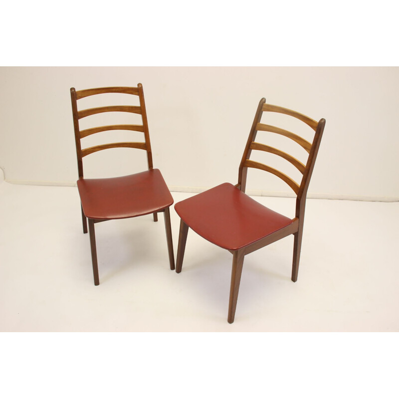 Pair of Vintage Red seat as a set dining table chairs with teak and vinyl 1960