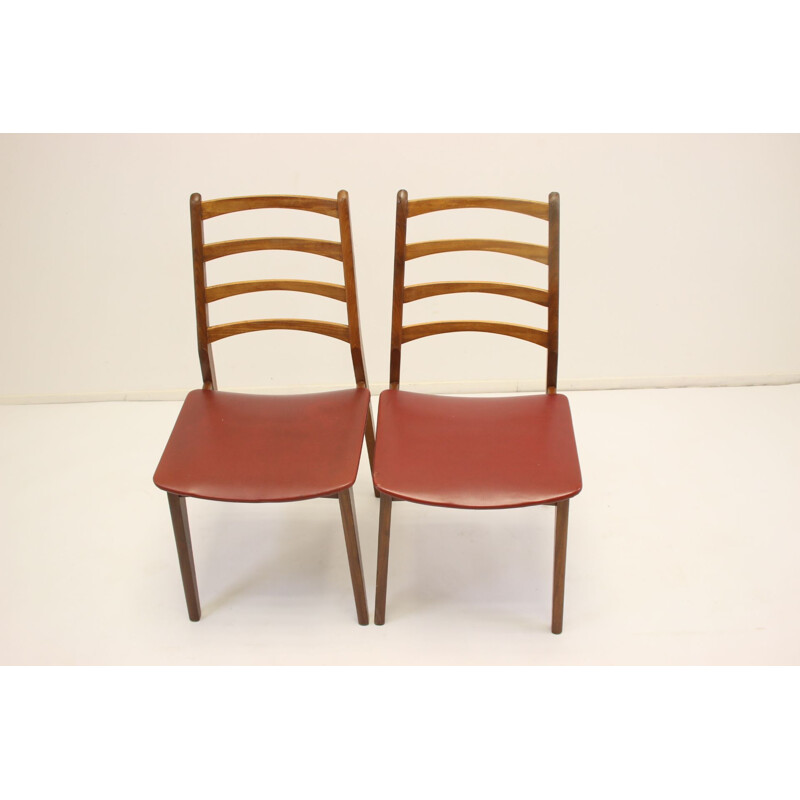 Pair of Vintage Red seat as a set dining table chairs with teak and vinyl 1960