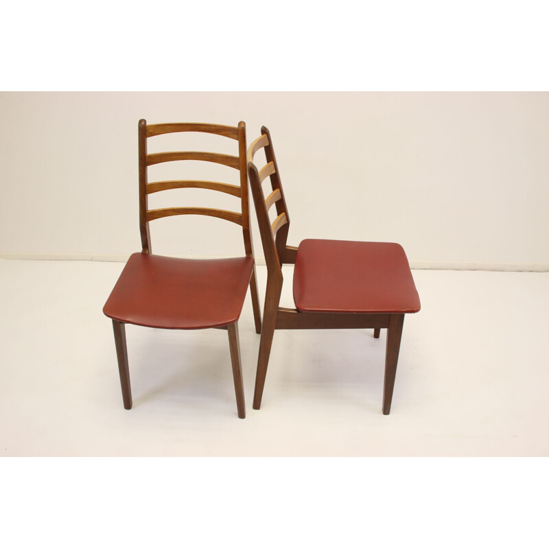 Pair of Vintage Red seat as a set dining table chairs with teak and vinyl 1960