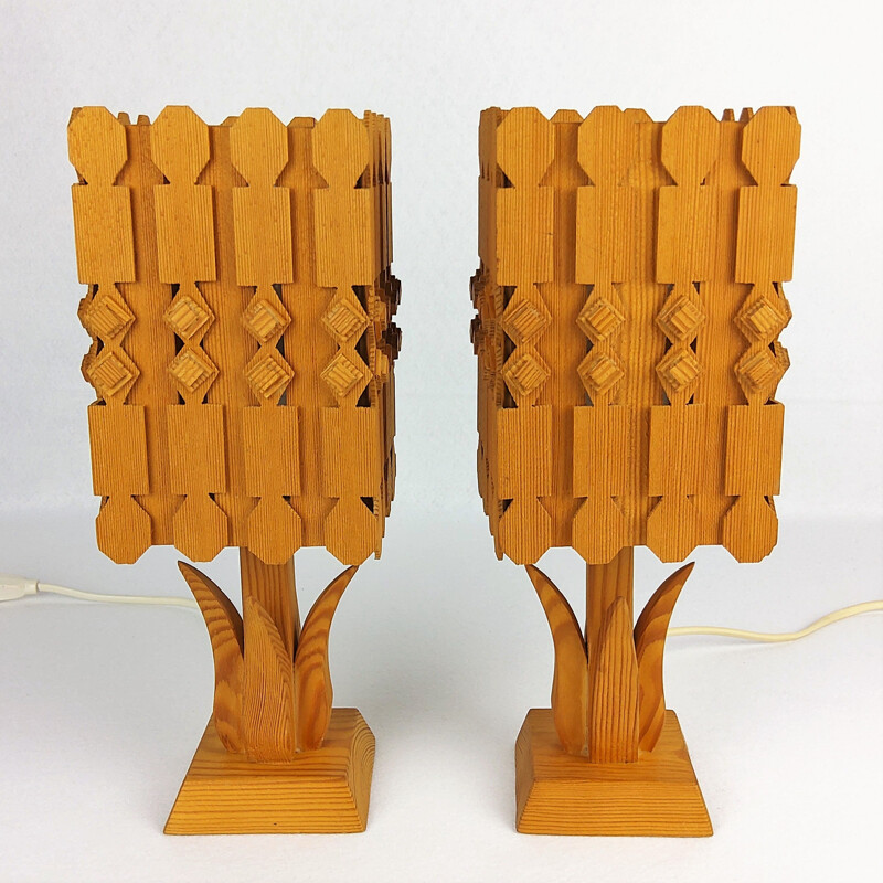 Pair of vintage scandinavian pine lamps 1960