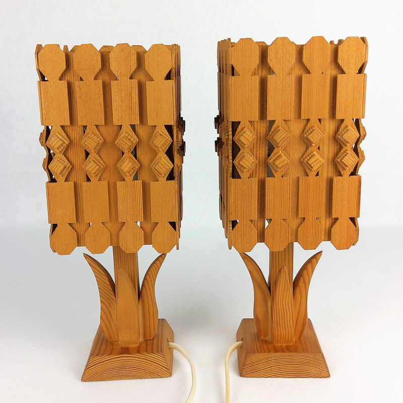 Pair of vintage scandinavian pine lamps 1960