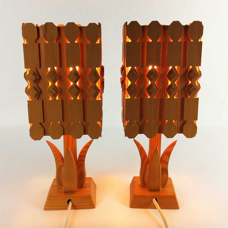 Pair of vintage scandinavian pine lamps 1960