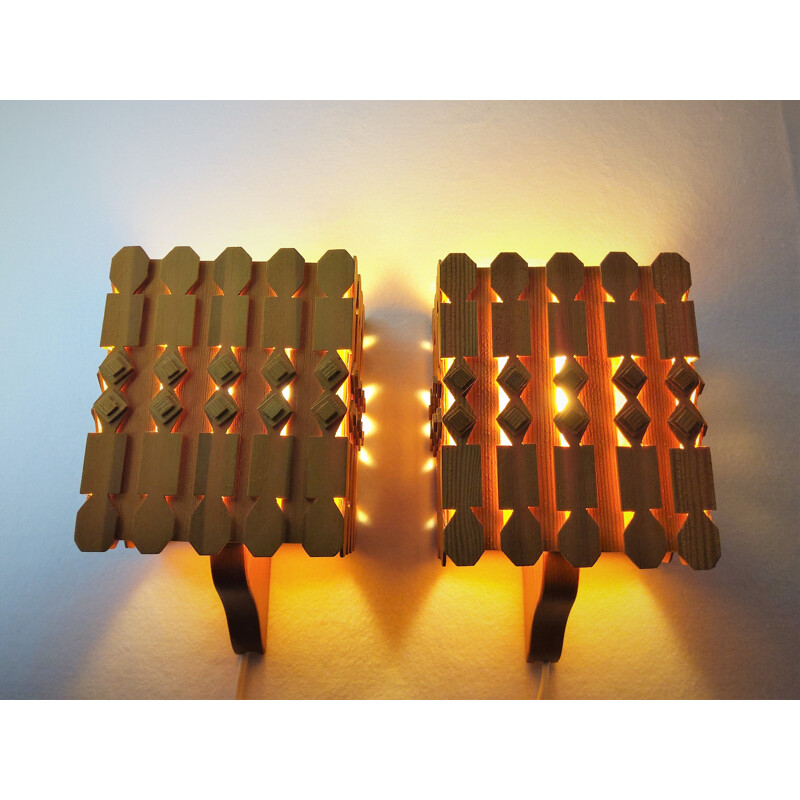 Pair of  Scandinavian pine vintage wall lights 1960's