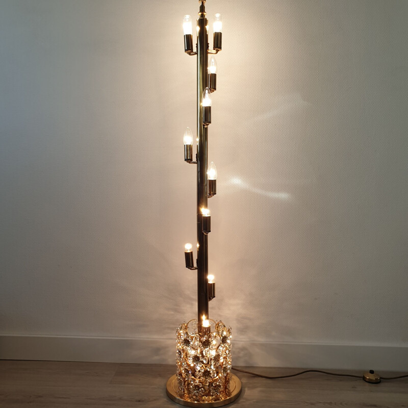 Vintage Hollywood Regency gold-plated & crystal floor lamp by Palwa, 1960s