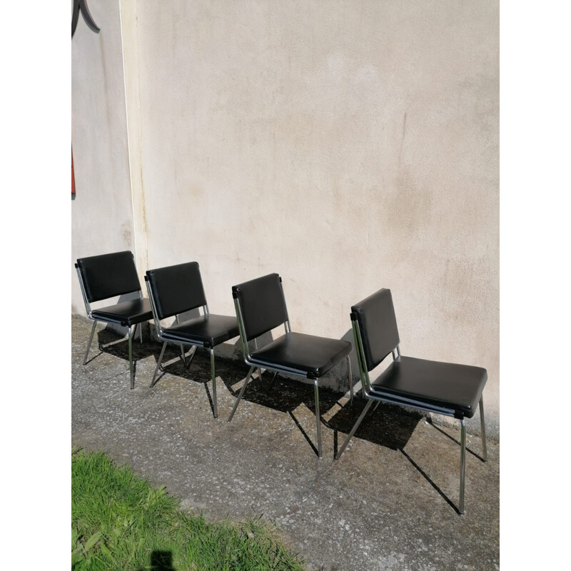 Set of 4 Vintage Chrome and Black Skai Chairs 1970