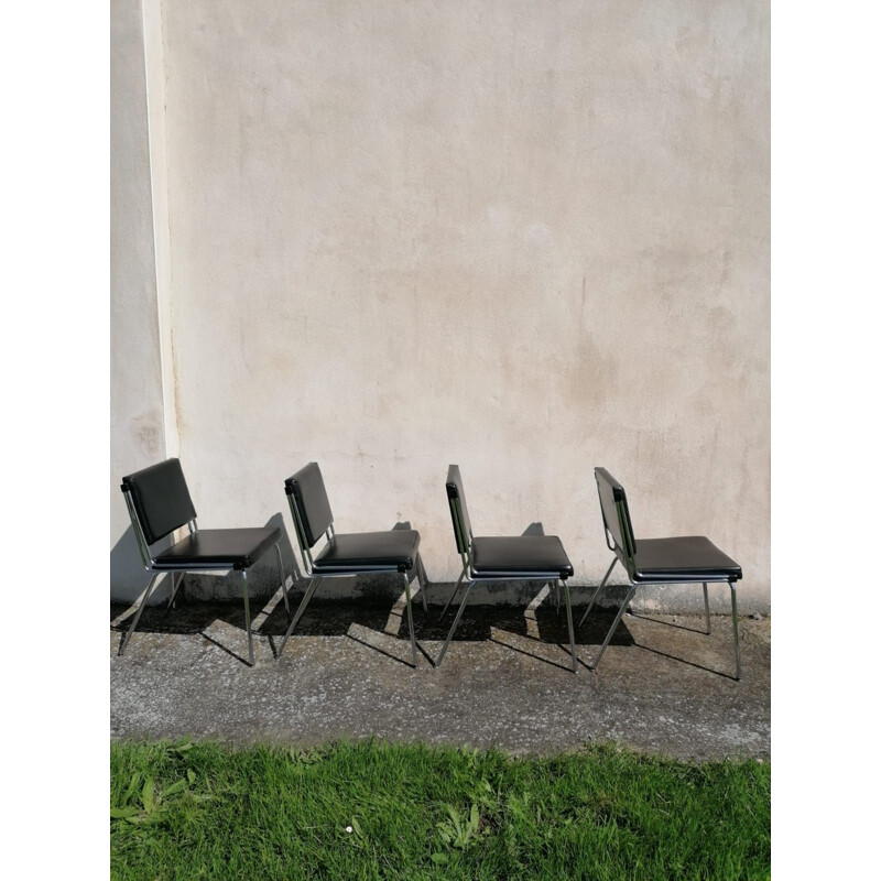 Juego de 4 sillas Skaï vintage cromadas y negras 1970