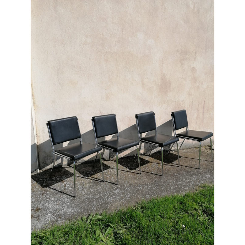 Set of 4 Vintage Chrome and Black Skai Chairs 1970