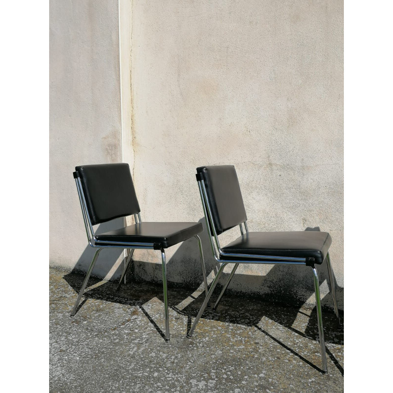 Set van 4 vintage stoelen in chroom en zwart Skaï 1970