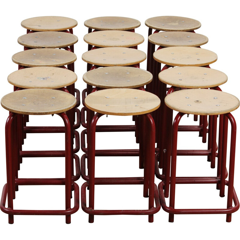 Set of 16 Marko stools in wood and red metal - 1950s