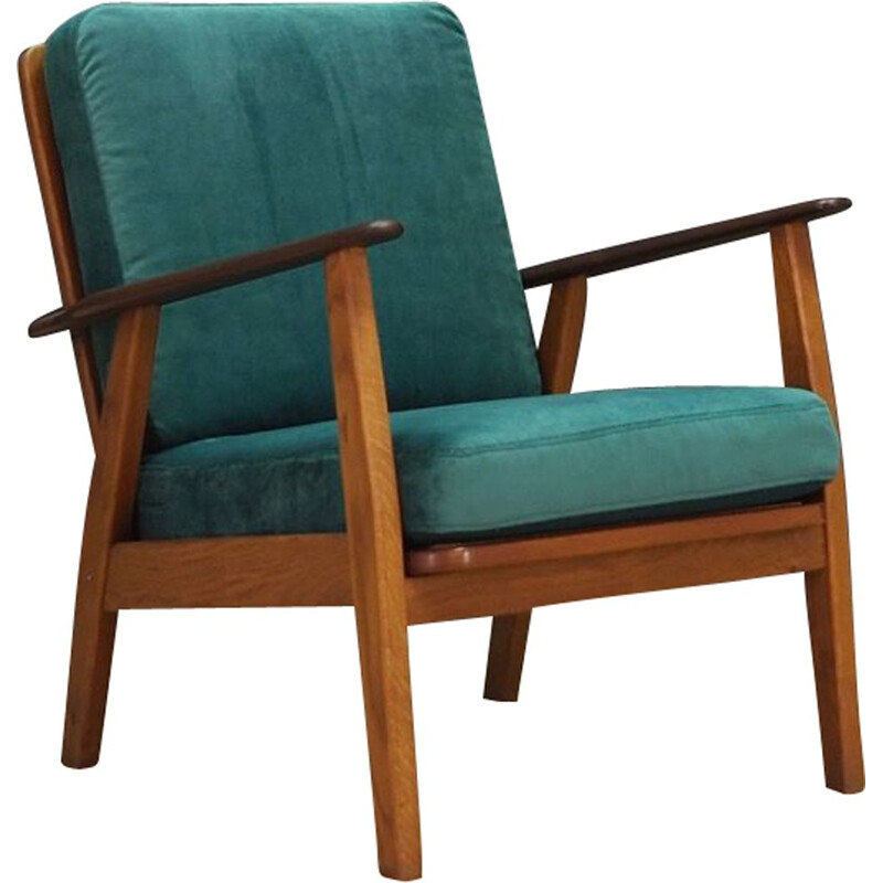 Vintage green armchair in velour oak wood Danish 1970