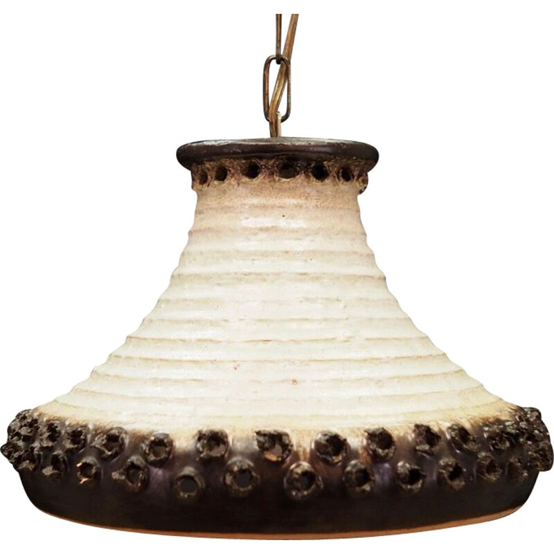 Vintage ceramic suspension lamp in white and brown 1970