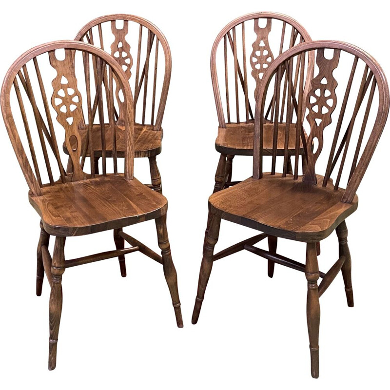 Suite de 4 chaises vintage en chêne anglaises 1950