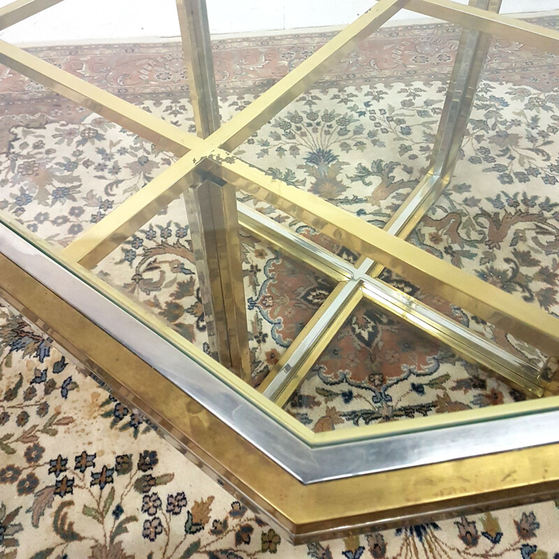 Vintage brass, chrome and glass dining table, Italy 1970