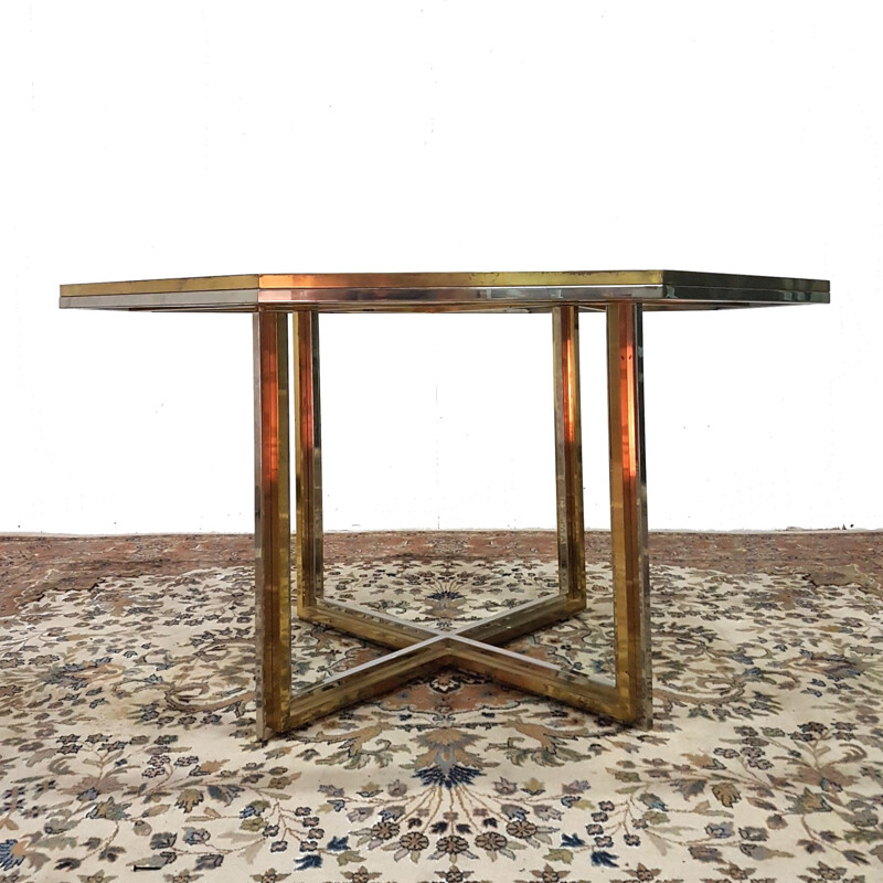 Vintage brass, chrome and glass dining table, Italy 1970