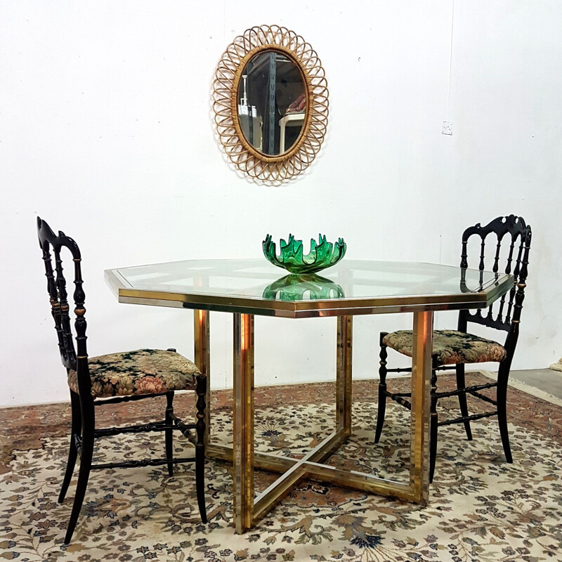 Table à manger Vintage en laiton, chrome et verre, Italie 1970