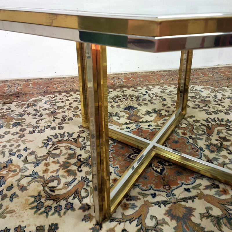 Vintage brass, chrome and glass dining table, Italy 1970