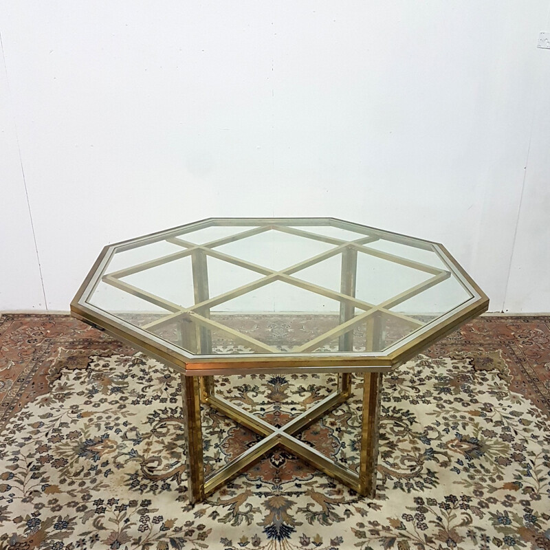 Vintage brass, chrome and glass dining table, Italy 1970