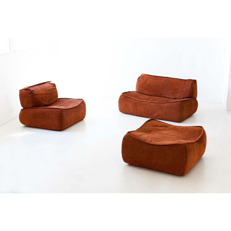 Vintage Cognac Suede Leather Sofa Set by Arcon, Italian 1970s