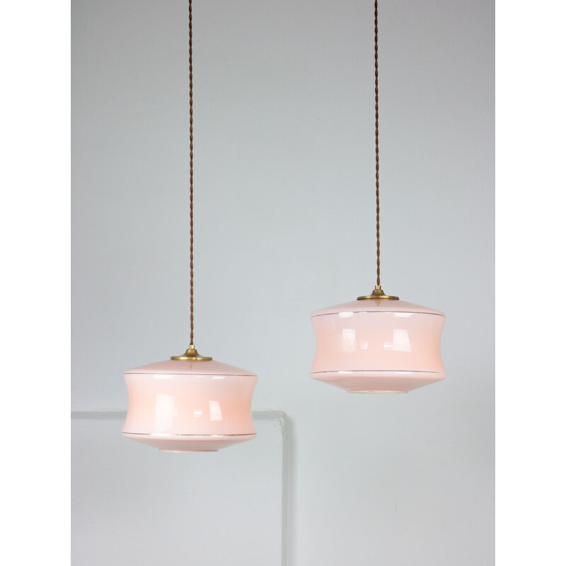 Pair of Mid-century pink glass & brass pendant lamps