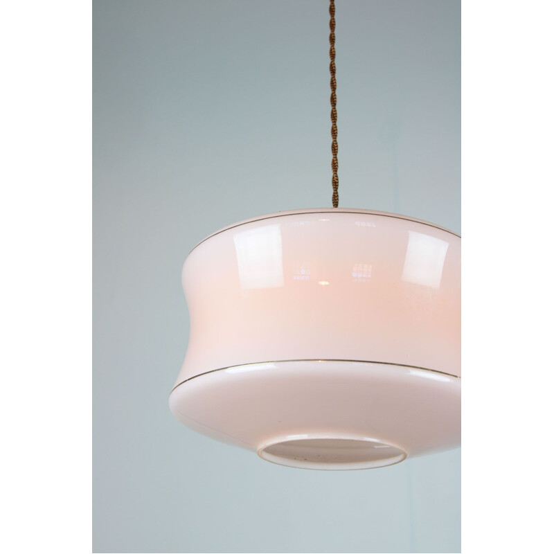 Pair of Mid-century pink glass & brass pendant lamps