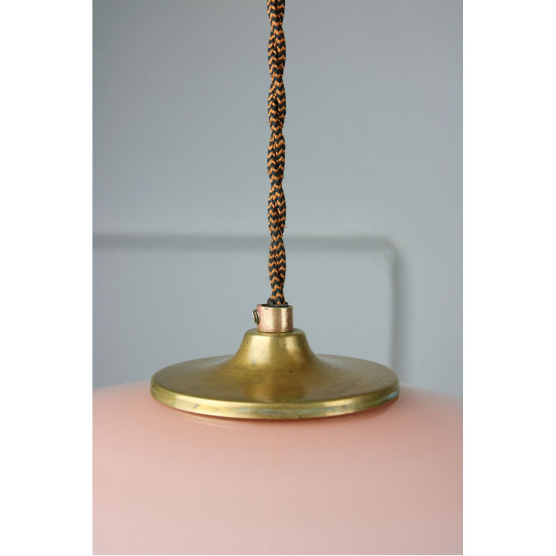 Pair of Mid-century pink glass & brass pendant lamps