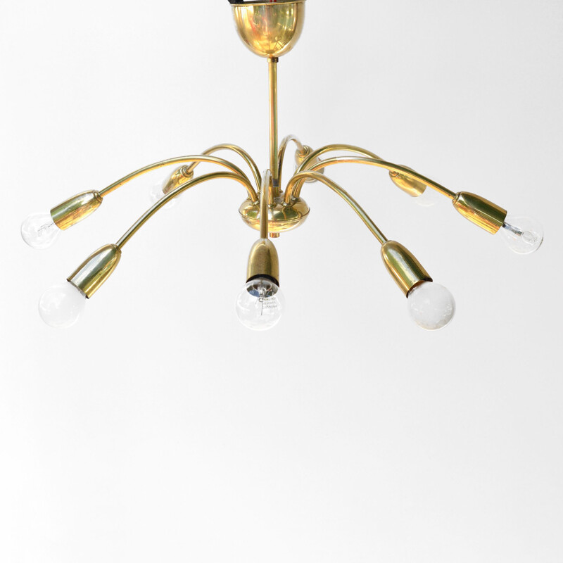 Vintage 8-arm brass chandelier in the style of Stilnovo, Italy, 1970s