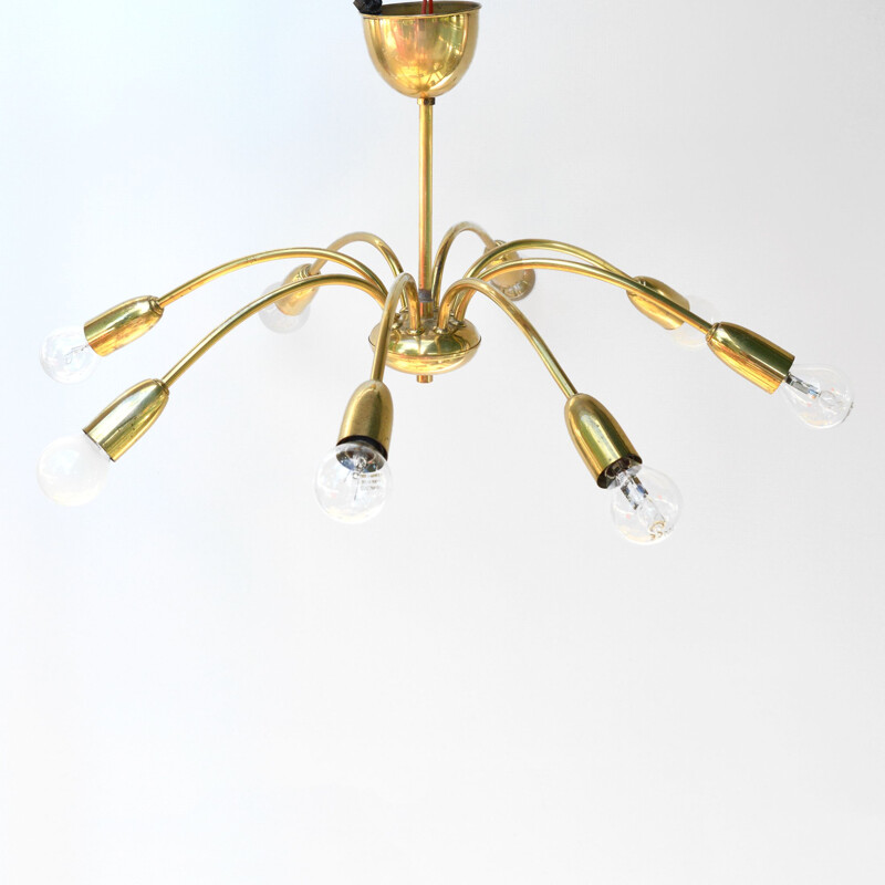 Vintage 8-arm brass chandelier in the style of Stilnovo, Italy, 1970s