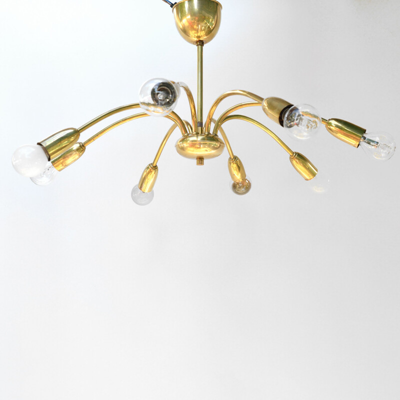 Vintage 8-arm brass chandelier in the style of Stilnovo, Italy, 1970s