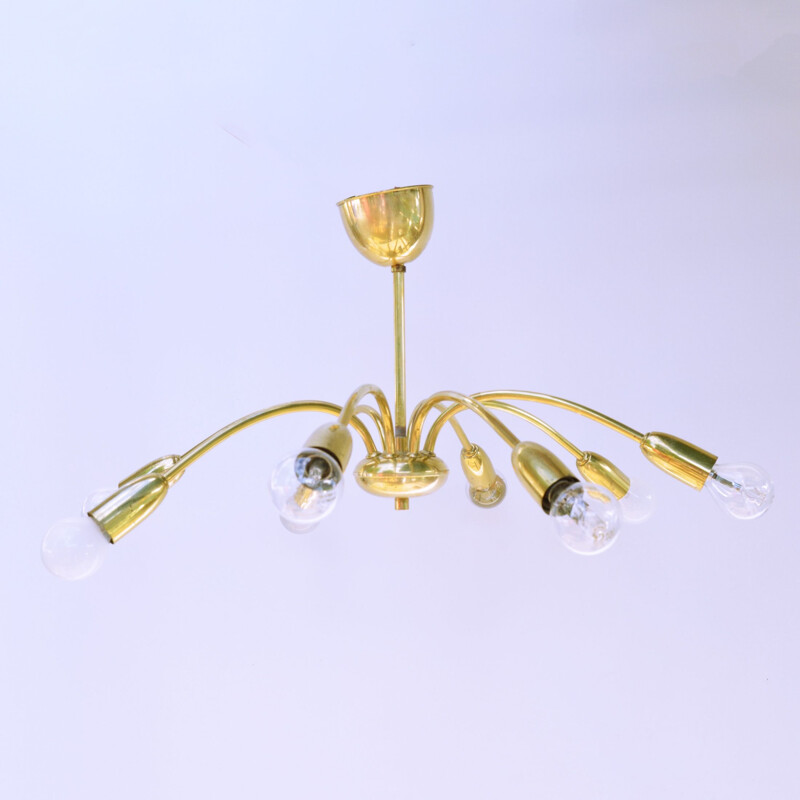 Vintage 8-arm brass chandelier in the style of Stilnovo, Italy, 1970s