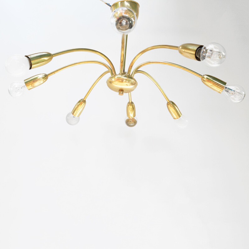 Vintage 8-arm brass chandelier in the style of Stilnovo, Italy, 1970s