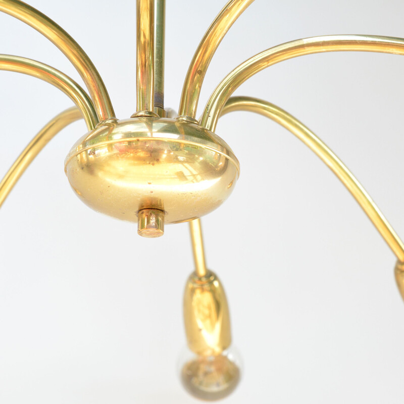 Vintage 8-arm brass chandelier in the style of Stilnovo, Italy, 1970s