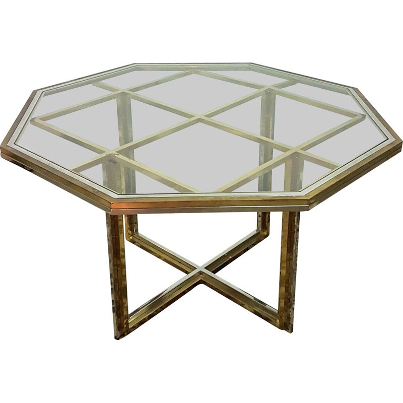 Vintage brass, chrome and glass dining table, Italy 1970