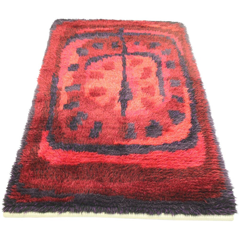 Tapis vintage en laine noué à la main rouge 90x150 Suède 1960