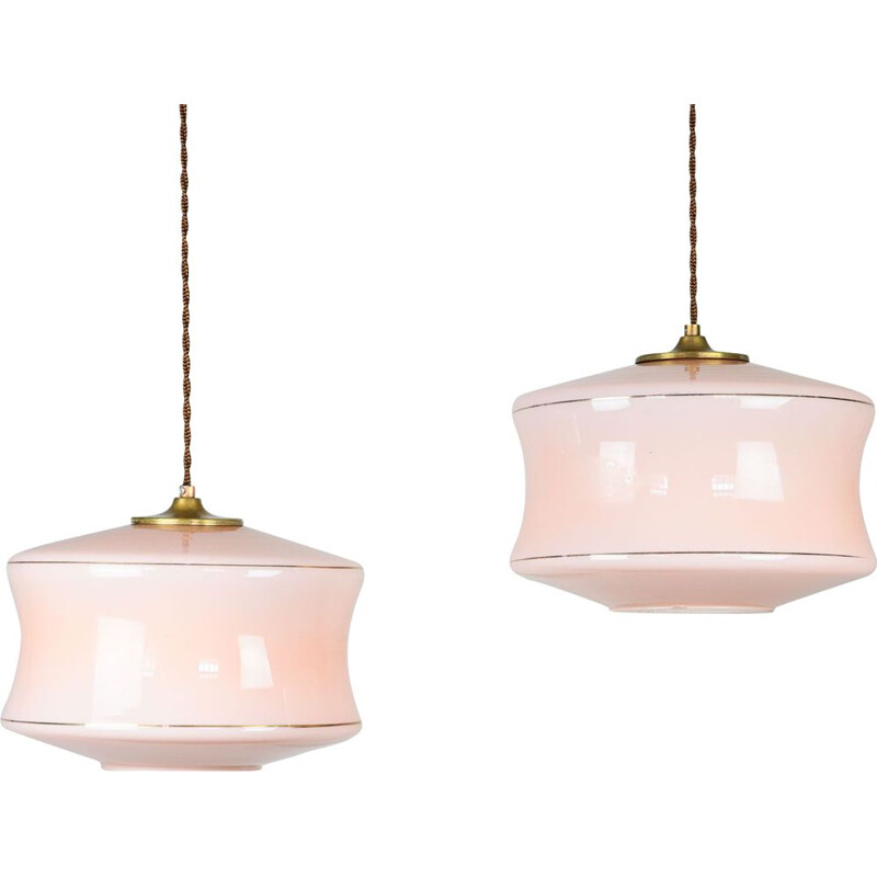 Pair of Mid-century pink glass & brass pendant lamps