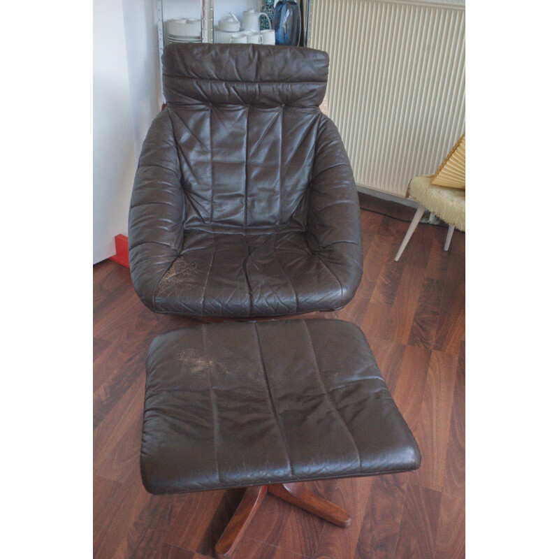 Vintage Brown Leather Armchair with stool, rotatable, 1970s