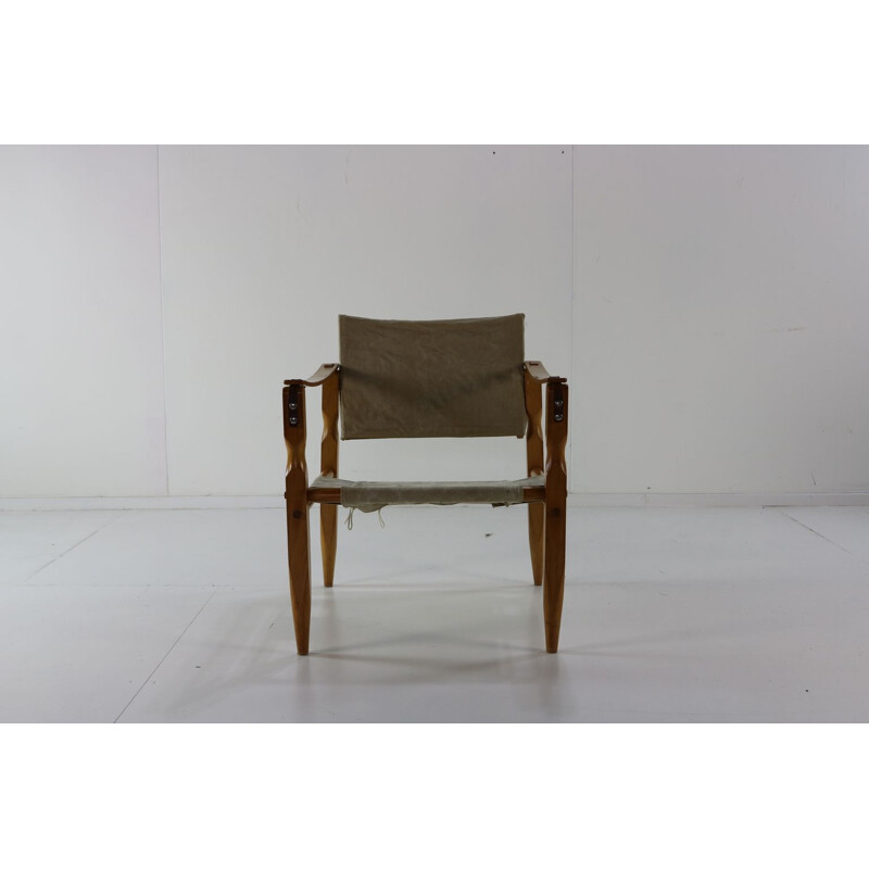 Vintage safari fauteuil met Deense houten armleuningen