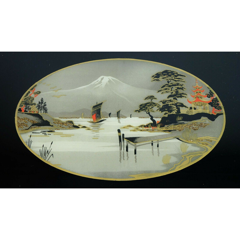 Plateau vintage en verre métal bakélite motif japonais art déco 1920