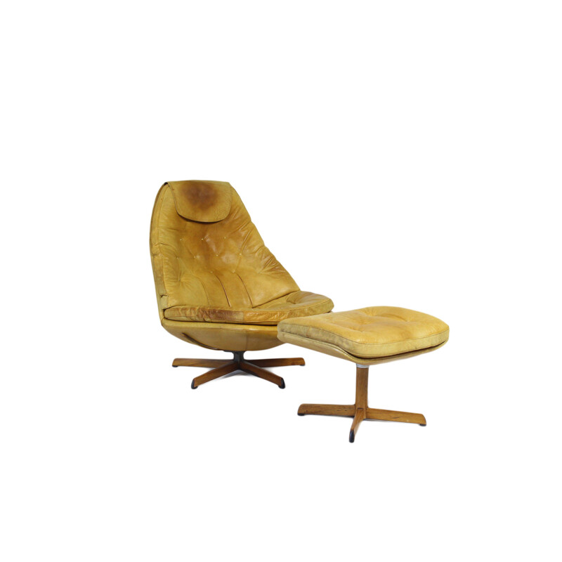 Fauteuil lounge vintage en cuir avec ottoman par Madsen & Schubell 1960