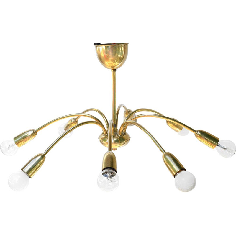 Vintage 8-arm brass chandelier in the style of Stilnovo, Italy, 1970s