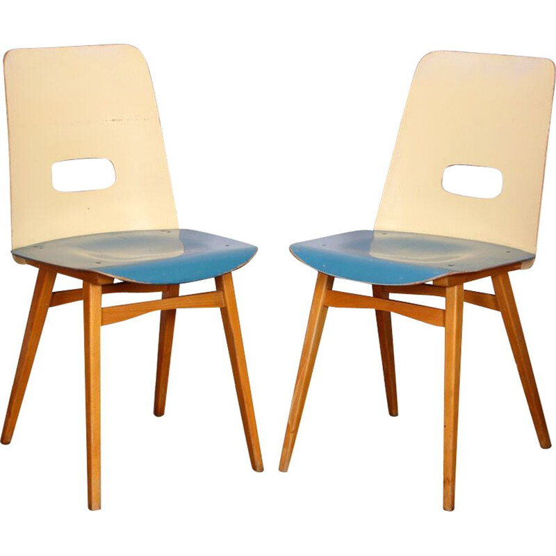 Pair of vintage blue chairs for Czech Ton, 1960