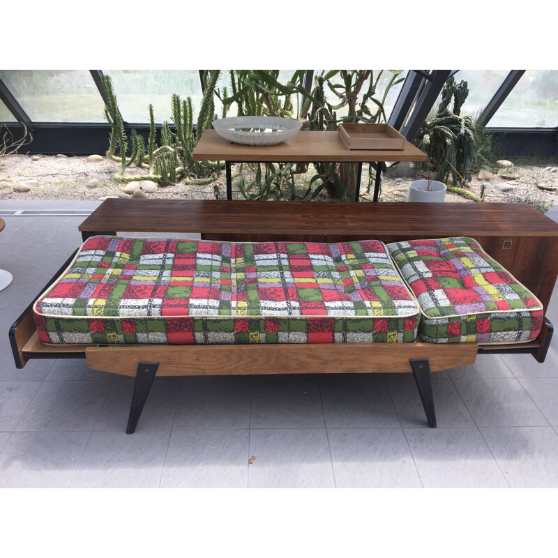 Daybed or vintage side bed in oak and black lacquered wood 1960