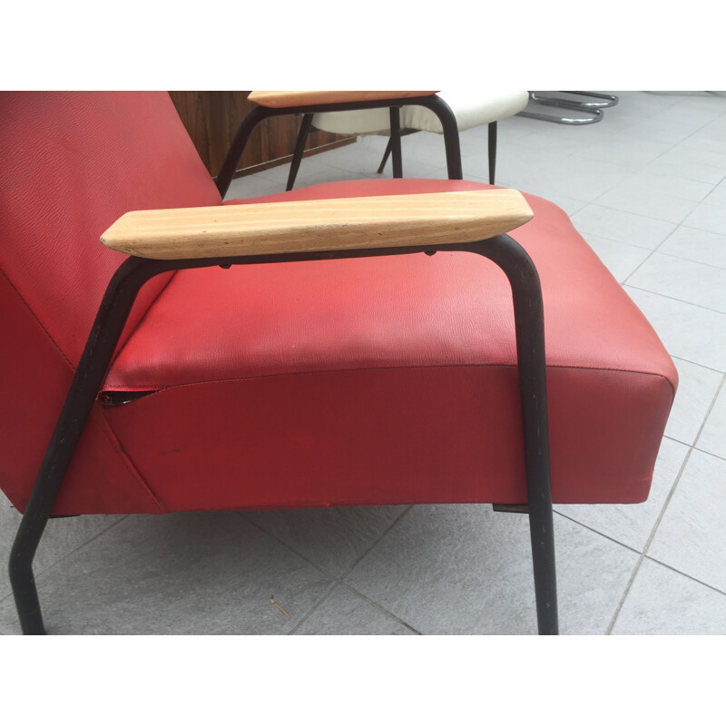 Sillón vintage de Pierre Guariche, edición Meurop, manguito de madera cruda 1950