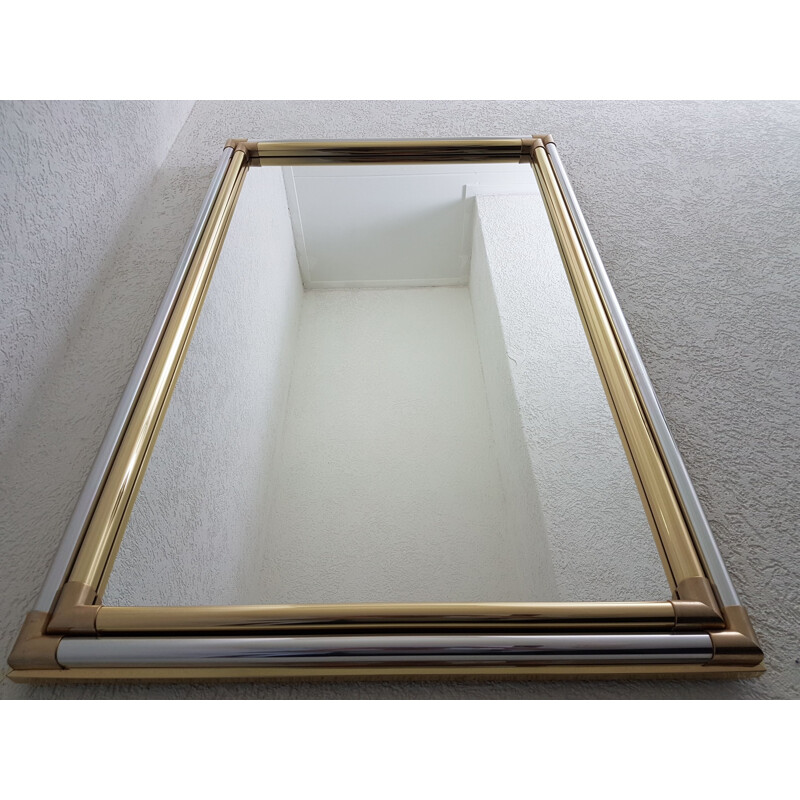 Large vintage Hollywood Regency brass & chrome mirror, 1970s